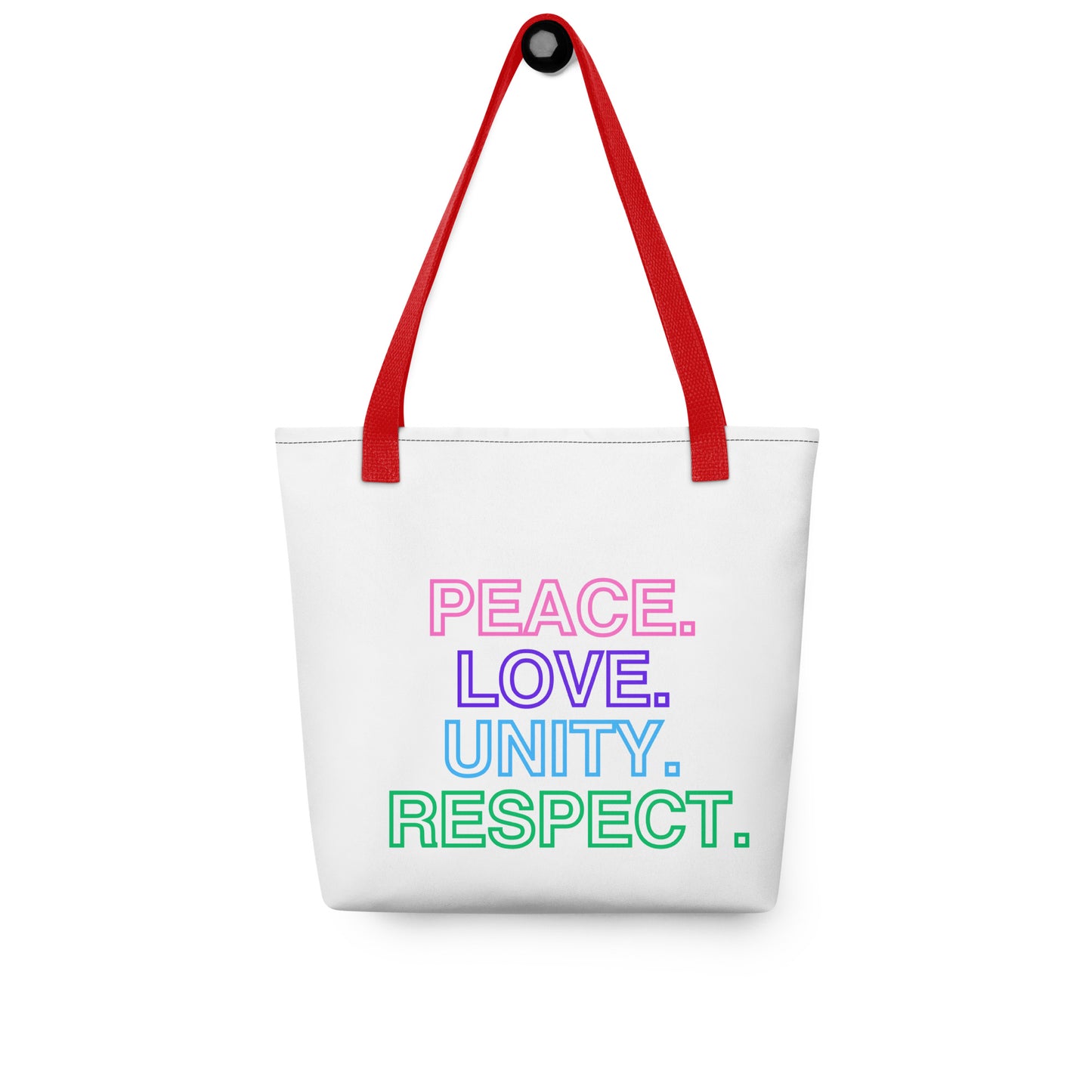 A white polyester tote bag with dual red handles and multicolored text that reads 'PEACE LOVE UNITY RESPECT.'