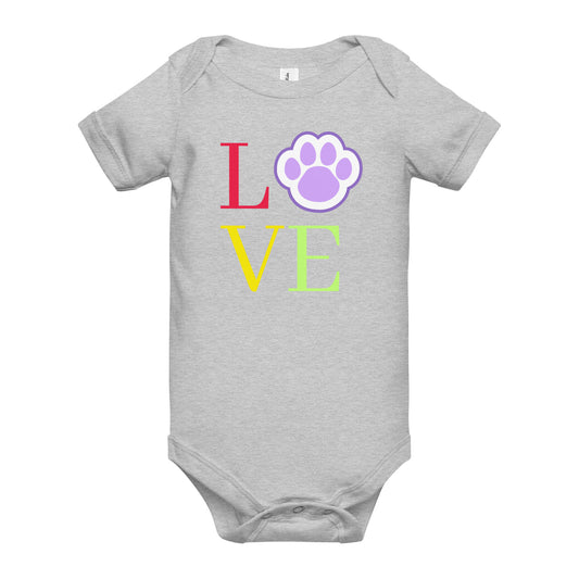 An Athletic Heather short sleeve baby one piece with a colorful text design that reads 'LOVE' in vivid colors. The "O" is represented by a paw print.