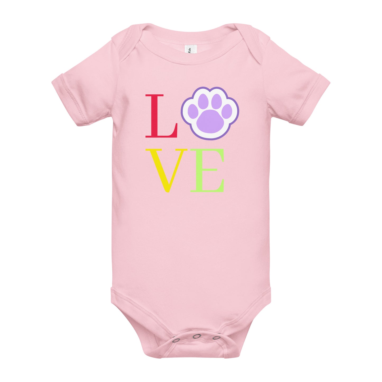A Pink short sleeve baby one piece with a colorful text design that reads 'LOVE' in vivid colors. The "O" is represented by a paw print.