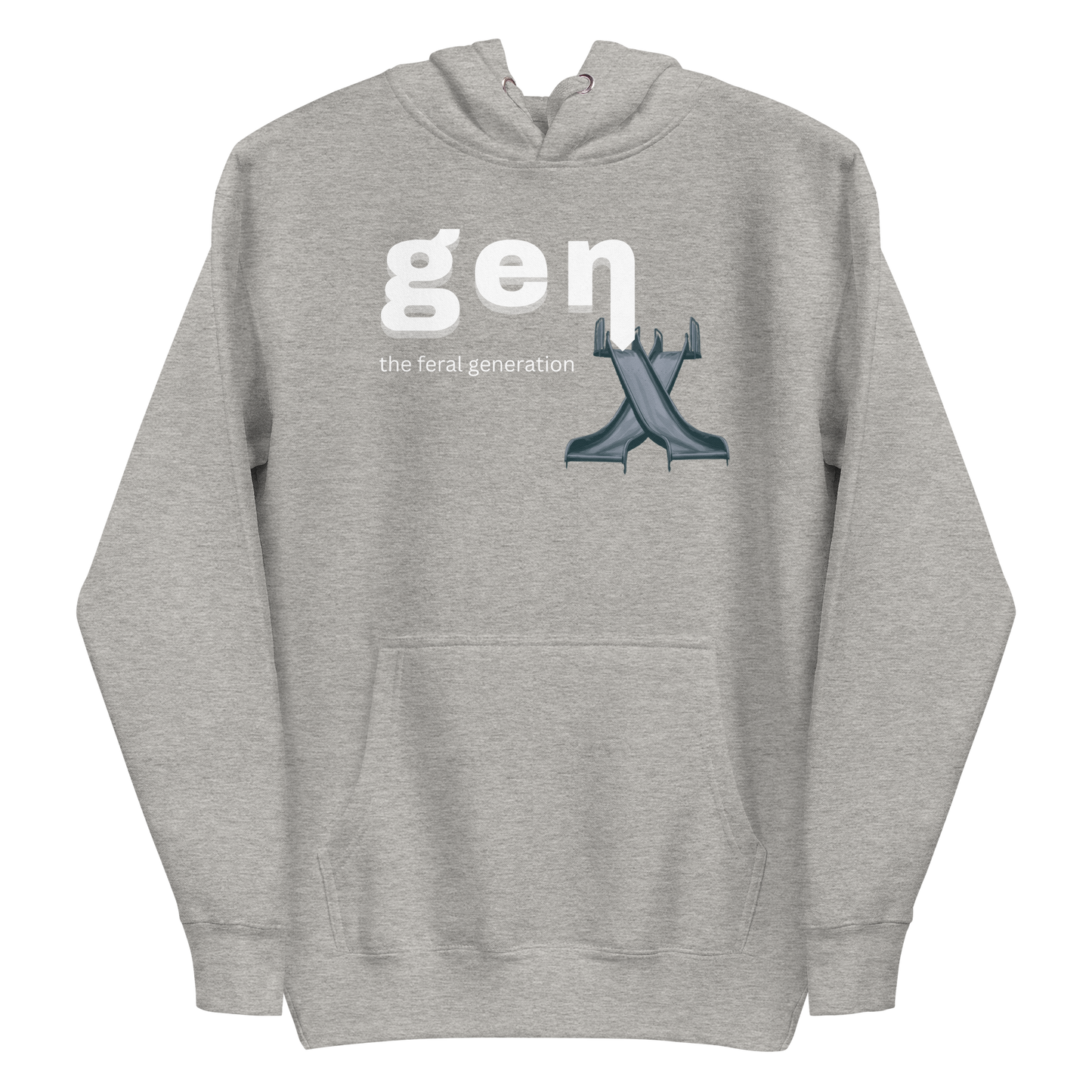 A carbon grey blazer men's hoodie featuring the text 'GenX The Feral Generation' and a stylized "X" graphic made from 70's style playground slides.