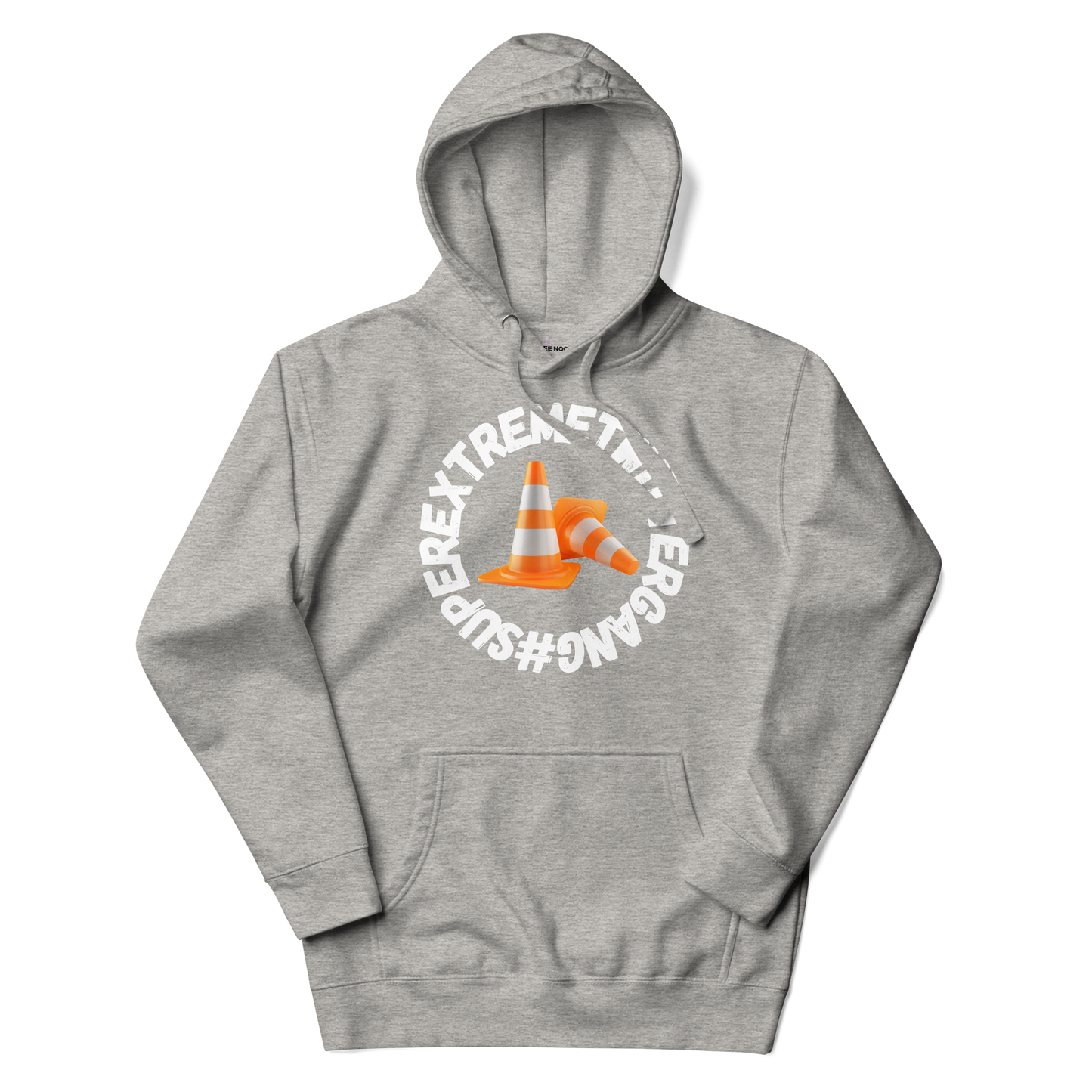 A carbon grey women's hoodie featuring the ConeSec logo: the text '#SUPEREXTREMETWITTERGANG' surrounding two orange traffic cones.