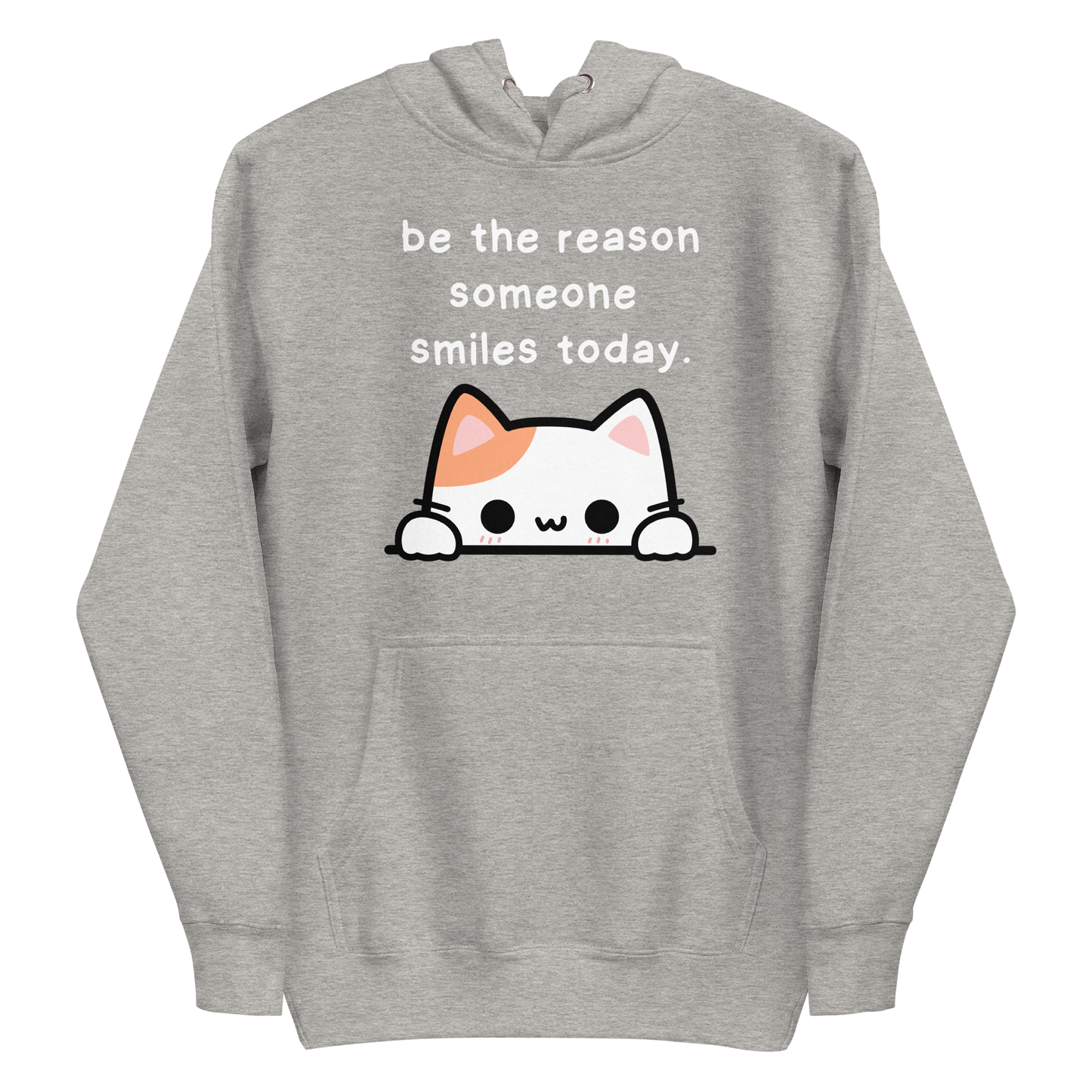 A carbon grey men's premium hoodie featuring a graphic of a cute white and orange & white cat peeking over a ledge. Above the cat is the text 'be the reason someone smiles today'.