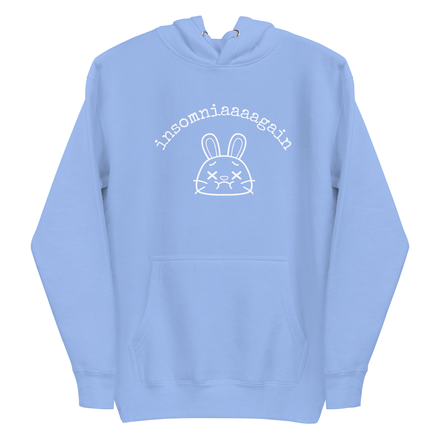 A carolina blue women's graphic hoodie featuring a cartoon bunny with tired eyes and the text 'insomniaaaa again'.