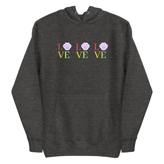 A charcoal heather premium hoodie featuring the word 'LOVE' repeated three times across the chest in pastel colors. In each word, the letter 'O' is replaced by a paw print.