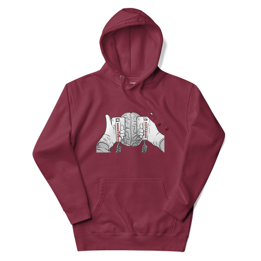 A maroon women's hoodie with a graphic illustration of a mind being energized by two paddles labeled Serotonin and Dopamine.