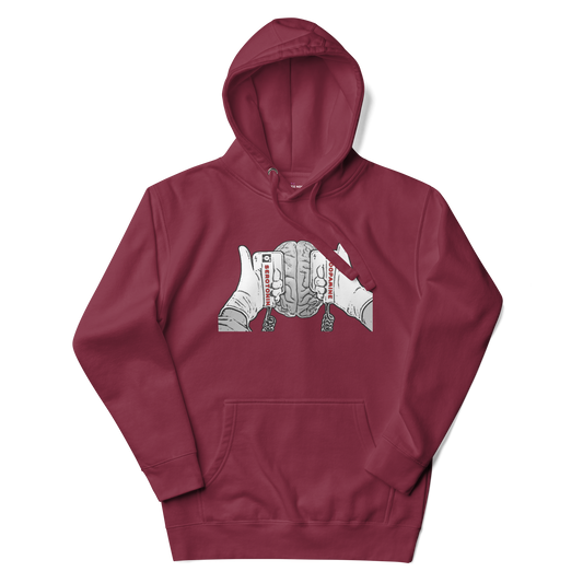 A maroon men's hoodie with a graphic illustration of a mind being energized by two paddles labeled Serotonin and Dopamine.