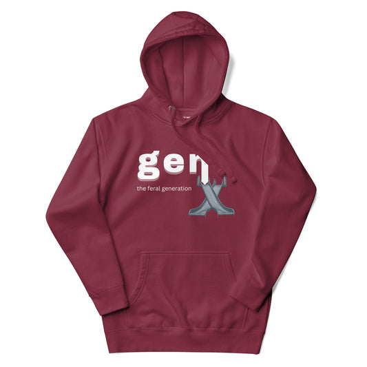 A maroon women's hoodie featuring the text 'GenX The Feral Generation' and a stylized "X" graphic made from 70's style playground slides.