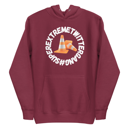 A maroon men's hoodie featuring the ConeSec logo: the text '#SUPEREXTREMETWITTERGANG' surrounding two orange traffic cones.