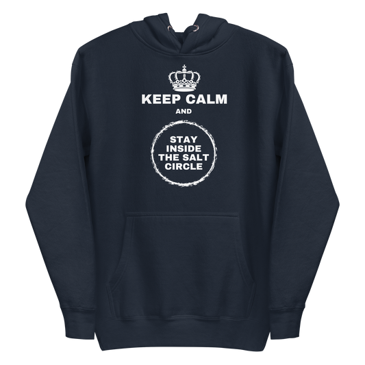 A navy blazer men's hoodie featuring a crown and a chalk circle graphic with the text 'Keep Calm and Stay Inside The Salt Circle'.