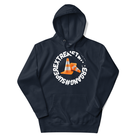 A navy blazer women's hoodie featuring the ConeSec logo: the text '#SUPEREXTREMETWITTERGANG' surrounding two orange traffic cones.