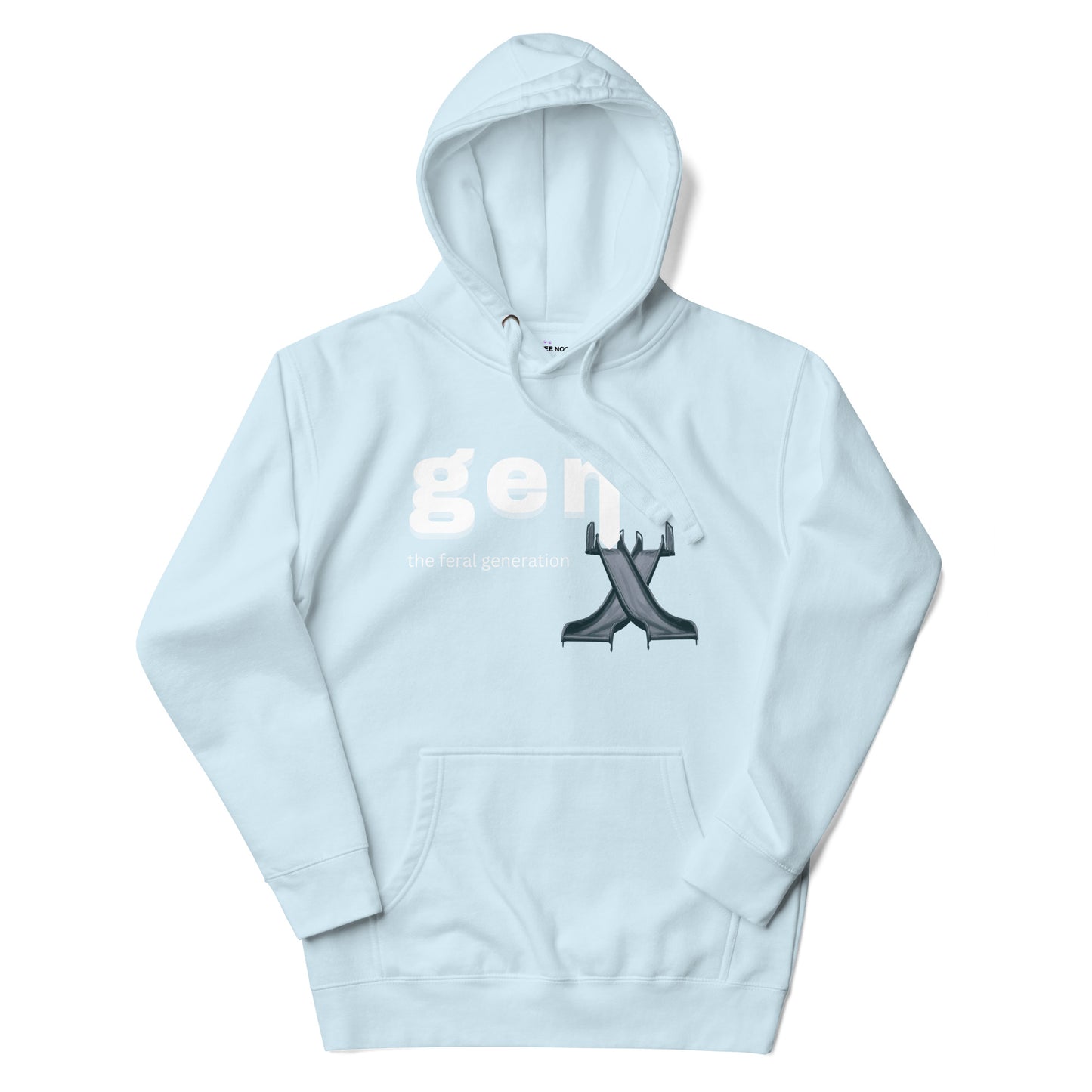 A sky blue women's hoodie featuring the text 'GenX The Feral Generation' and a stylized "X" graphic made from 70's style playground slides.