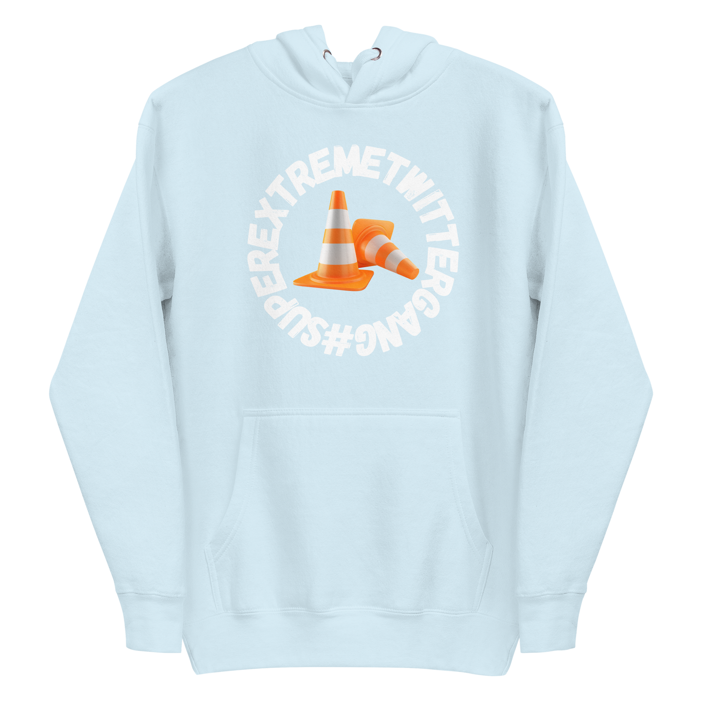 A sky blue men's hoodie featuring the ConeSec logo: the text '#SUPEREXTREMETWITTERGANG' surrounding two orange traffic cones.