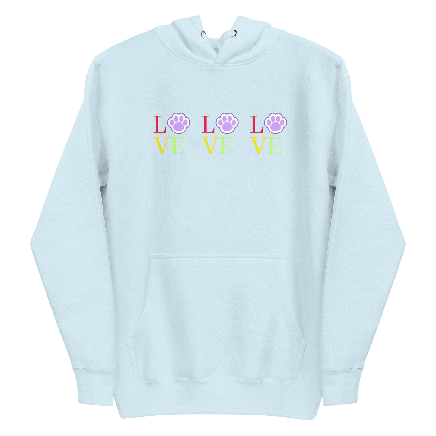 A sky blue premium hoodie featuring the word 'LOVE' repeated three times across the chest in pastel colors. In each word, the letter 'O' is replaced by a paw print.