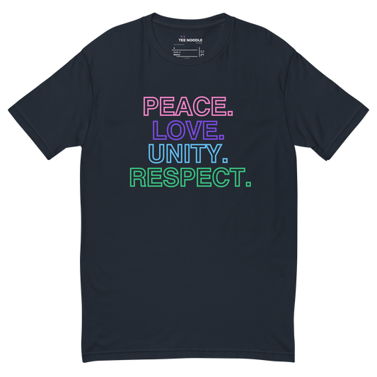 A black men's graphic t-shirt featuring the acronym 'PLUR' in bold text, representing Peace, Love, Unity, and Respect.