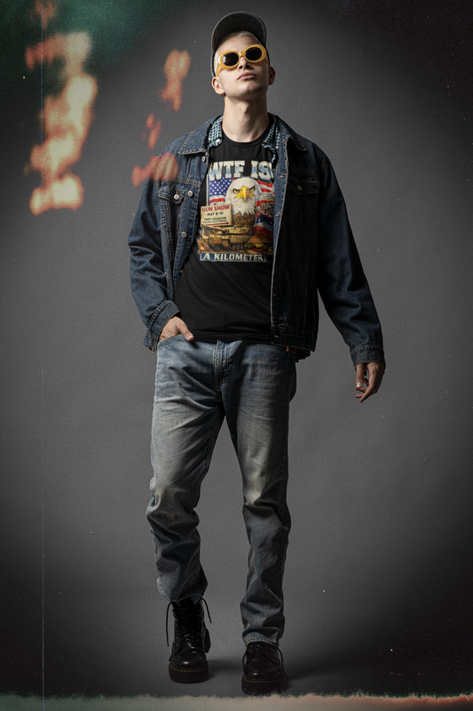 Man wearing a denim jacket, graphic t-shirt, and sunglasses against a dark background