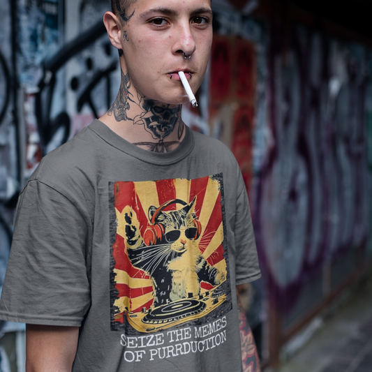 Man wearing a t-shirt with a graphic design in front of a graffiti-covered wall.