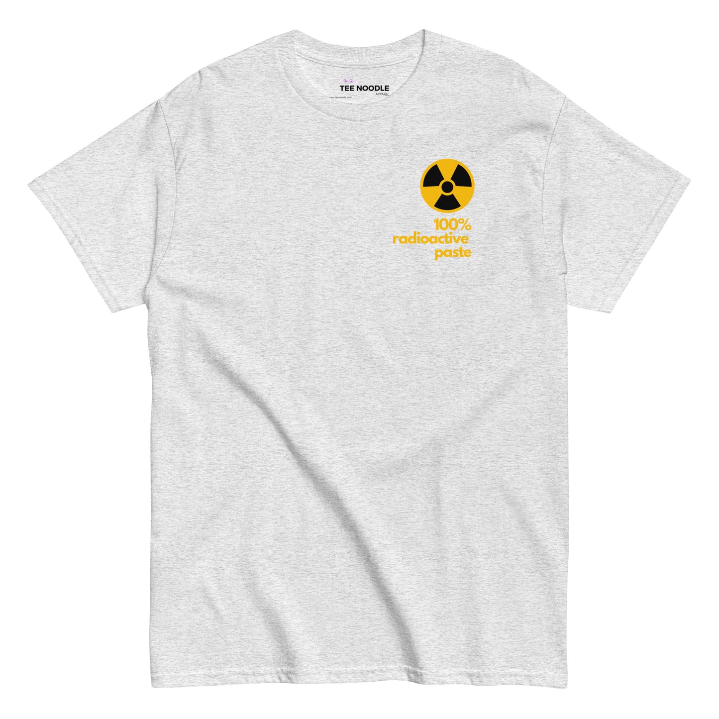 An ash men's t-shirt featuring a stylized yellow graphic illustration inspired by vintage watch dial markings.