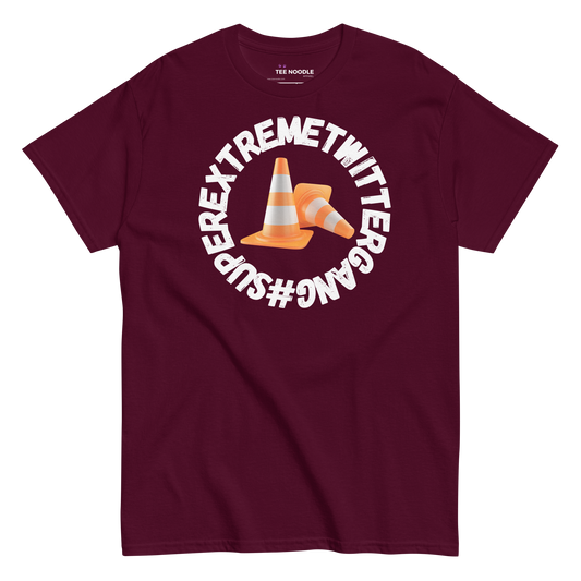 A maroon t-shirt featuring the ConeSec logo: the text '#SUPEREXTREMETWITTERGANG' surrounding two orange traffic cones.