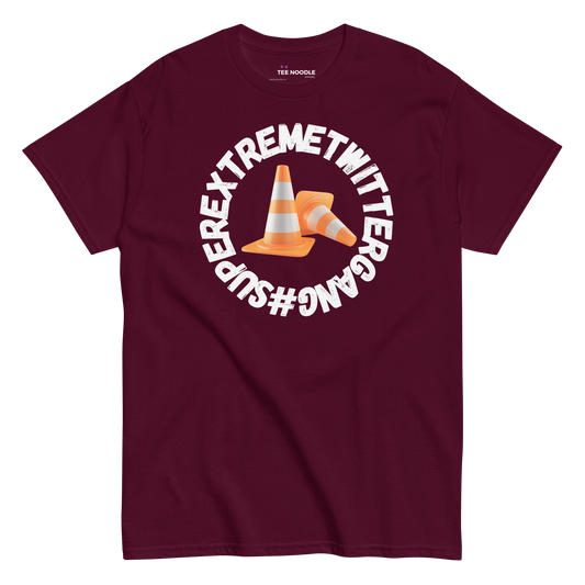 A maroon t-shirt featuring the ConeSec logo: the text '#SUPEREXTREMETWITTERGANG' surrounding two orange traffic cones.