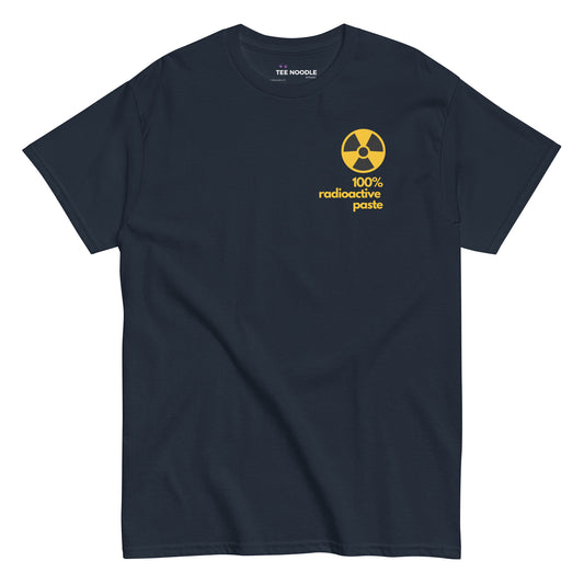 A navy men's t-shirt featuring a stylized yellow graphic illustration inspired by vintage watch dial markings.