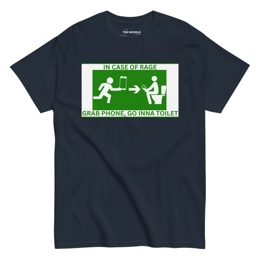 A navy men's graphic t-shirt featuring a humorous highway-style sign of a stick figure looking at a phone and running to a bathroom.