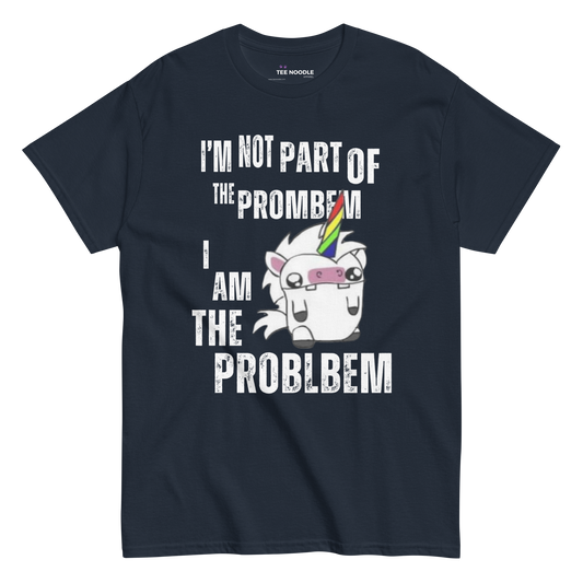 A navy men's graphic t-shirt featuring a cartoon unicorn and the intentionally misspelled text 'I'm Not Part of the Prombem'.