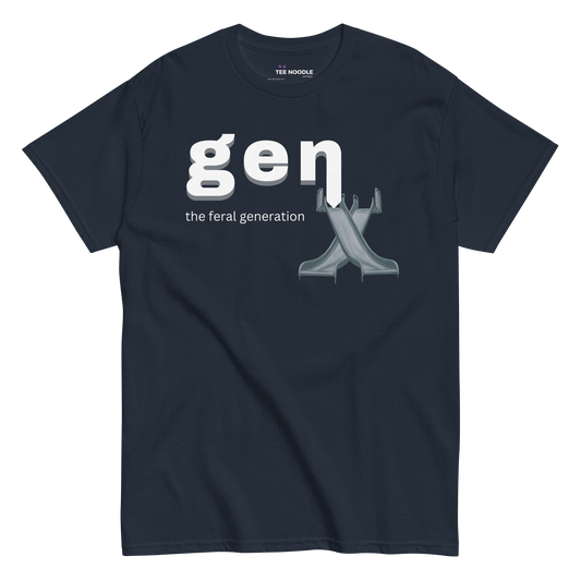 A navy men's t-shirt featuring the text 'GenX The Feral Generation' and a stylized "X" graphic made from 70's style playground slides.