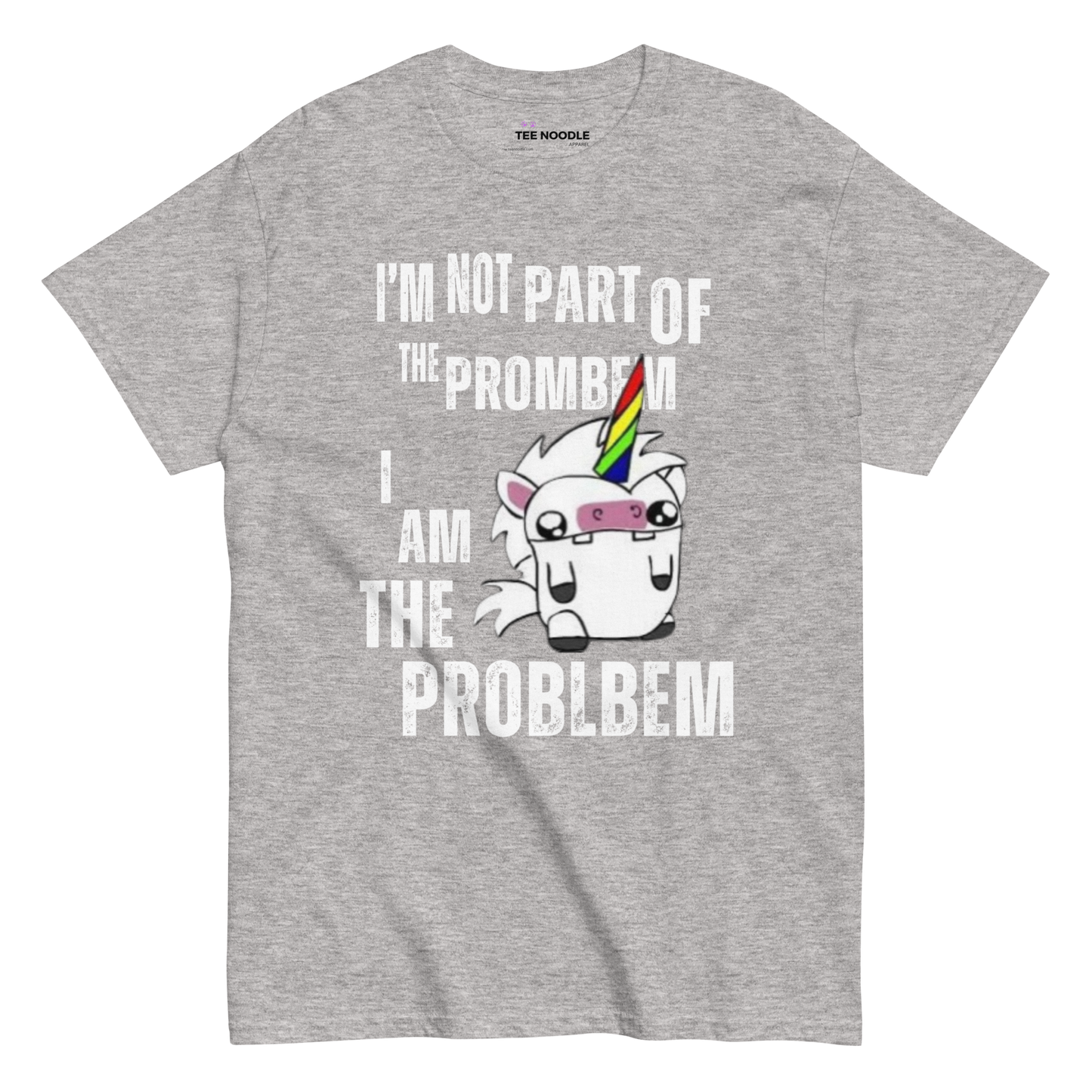 A sport grey men's graphic t-shirt featuring a cartoon unicorn and the intentionally misspelled text 'I'm Not Part of the Prombem'.