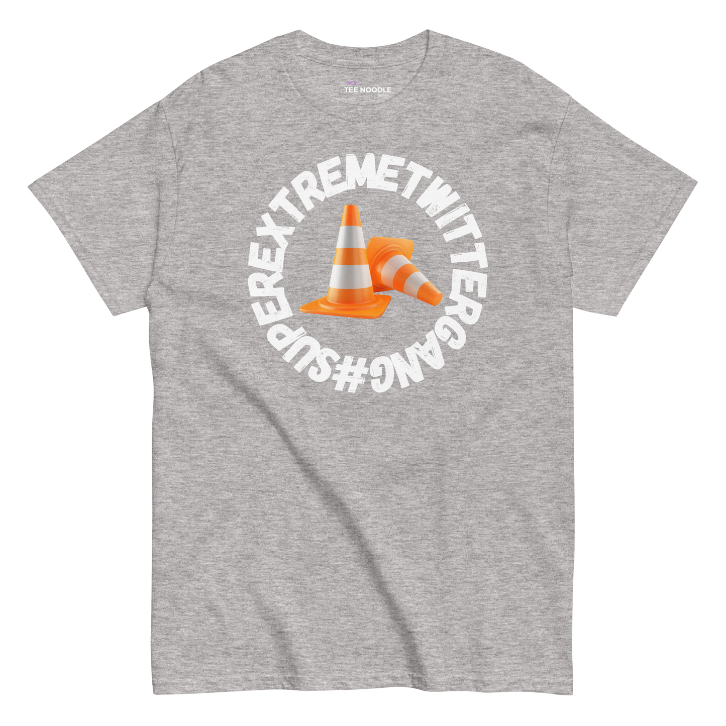A sport grey t-shirt featuring the ConeSec logo: the text '#SUPEREXTREMETWITTERGANG' surrounding two orange traffic cones.