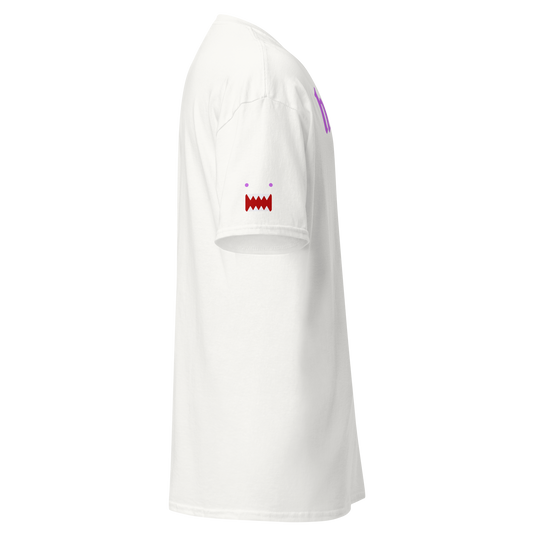 Side profile view of a white graphic t-shirt showing the signature small red and white 'Guardian' monster face icon printed on the left sleeve.