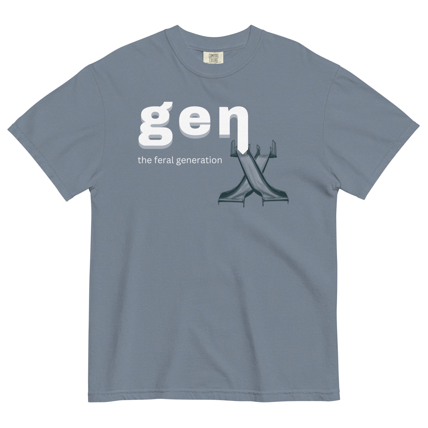 A blue jean colored t-shirt featuring 'gen x the feral generation' text. The 'x' is formed by two, overlaid 1970's style playground slides.