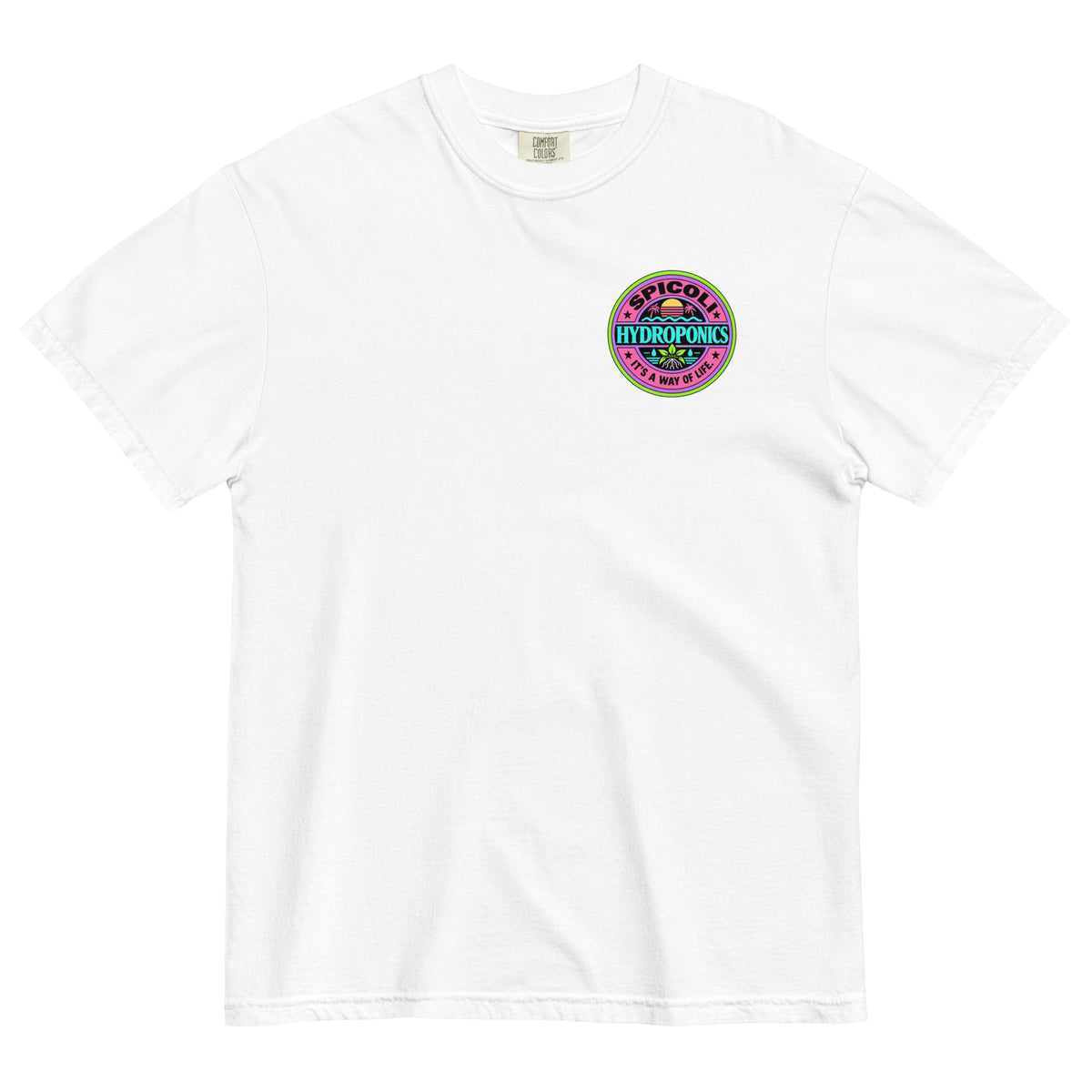 White Comfort Colors 1717 T-shirt with a small Spicoli Hydroponics retro surf-style logo printed on the left chest.