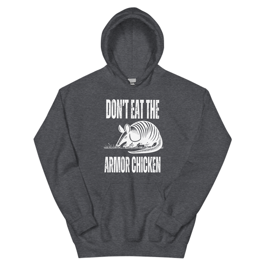 A dark heather women's graphic hoodie featuring an illustration of an armadillo and the text 'Don't Eat The Armor Chicken'