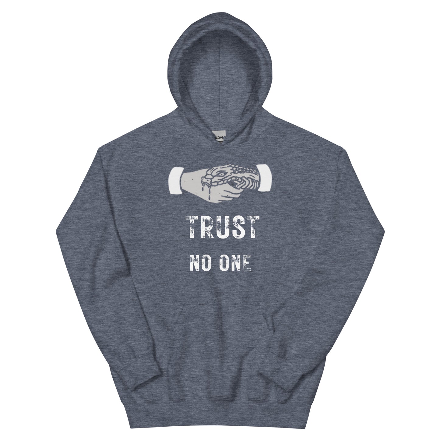 A heather sport dark navy men's graphic hoodie featuring the slogan 'Trust No One' in bold, distressed typography.