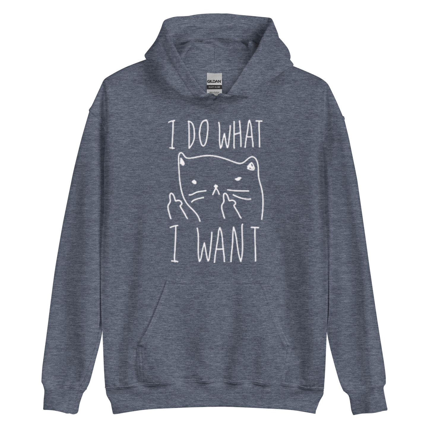 A heather sport dark navy women's graphic hoodie featuring an annoyed cat and the humorous text 'I Do What I Want' in bold letters.