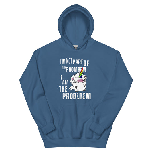 An indigo blue women's hoodie featuring a cartoon unicorn and the intentionally misspelled text 'I'm Not Part of the Prombem'