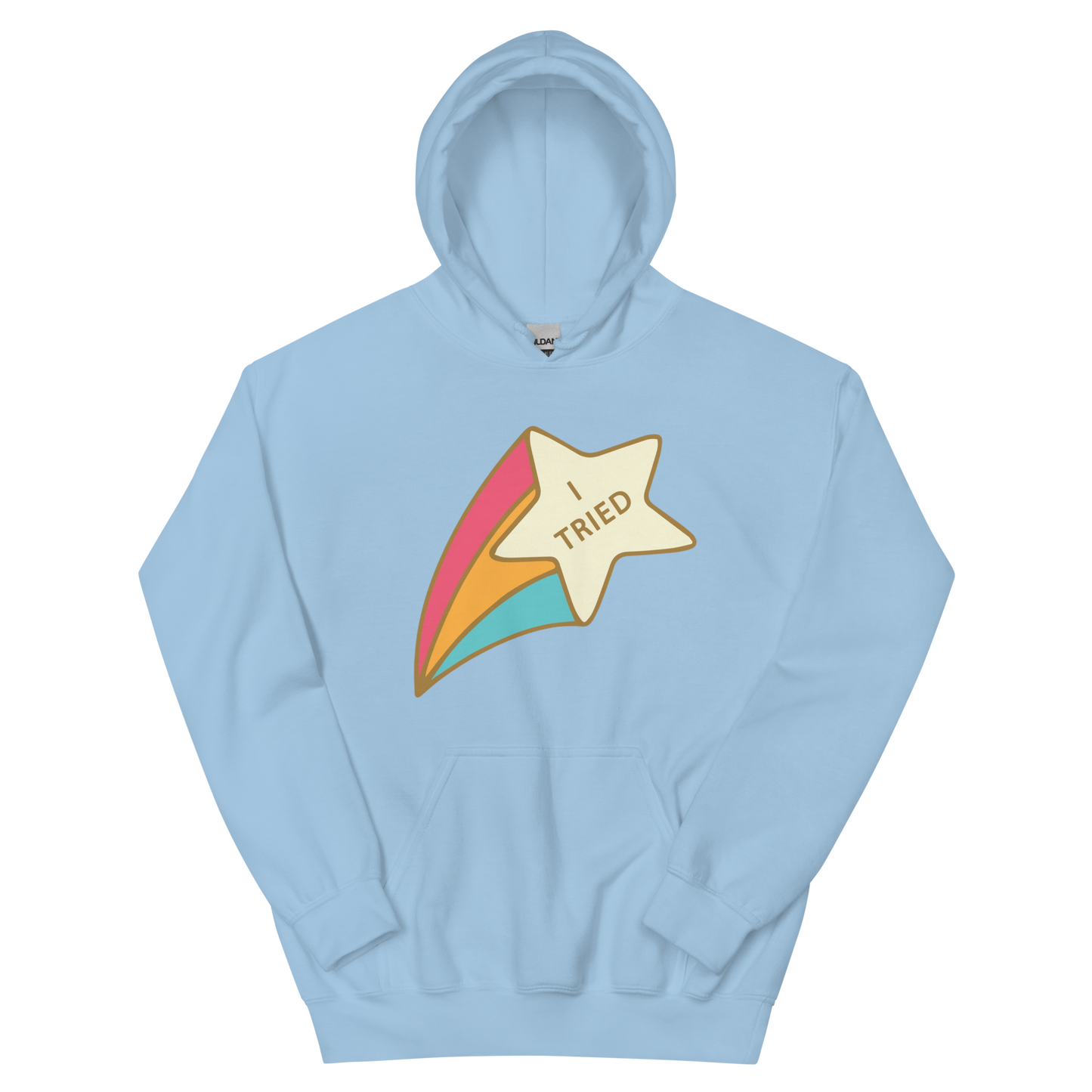 A light blue women's hoodie featuring a retro shooting star graphic with the text 'I Tried'.