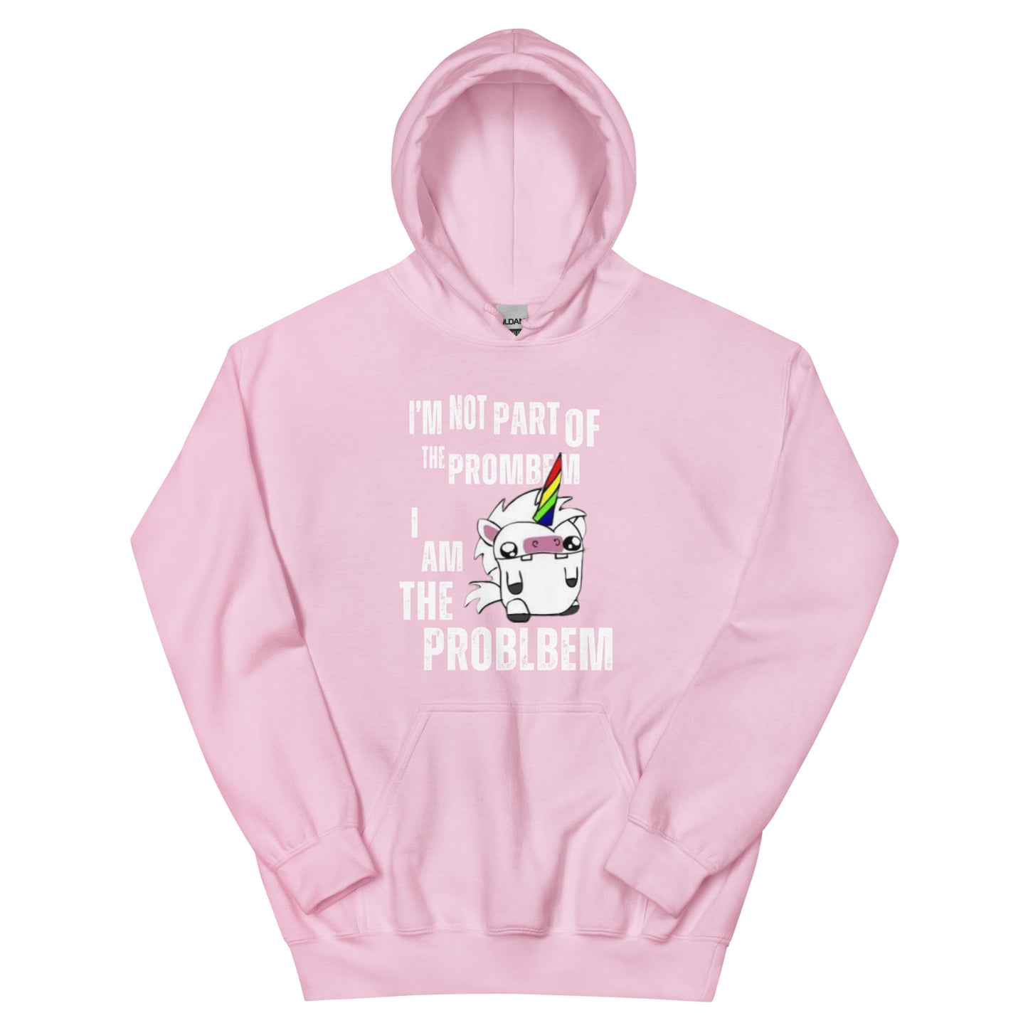 A light pink women's hoodie featuring a cartoon unicorn and the intentionally misspelled text 'I'm Not Part of the Prombem'