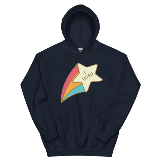 A navy women's hoodie featuring a retro shooting star graphic with the text 'I Tried'.
