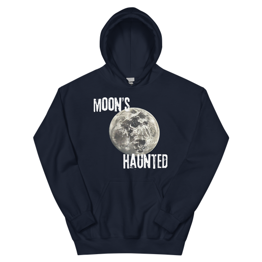 A navy men's hoodie featuring the text 'MOON'S HAUNTED' in a distressed font, surrounding a moon graphic with a subtle skull face hidden in the craters.