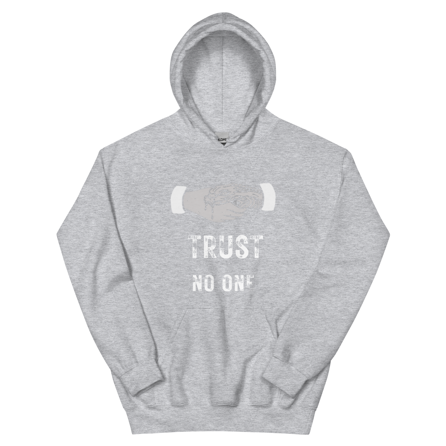 A sport grey women's graphic hoodie featuring the slogan 'Trust No One' in bold, distressed typography.