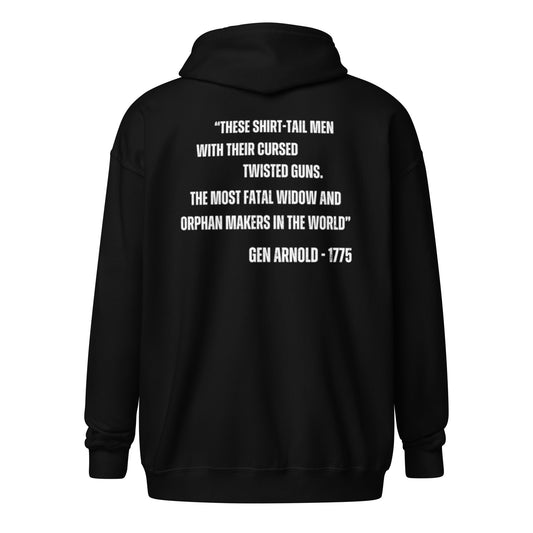 The back of a black zip up hoodie which features a large graphic with the quote: 'THESE SHIRT-TAIL MEN... THE MOST FATAL WIDOW AND ORPHAN MAKERS IN THE WORLD'.
