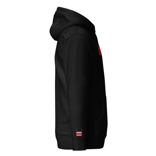 Side profile view of a black hoodie showing the signature small red and white 'Guardian' icon embroidered on the left sleeve.