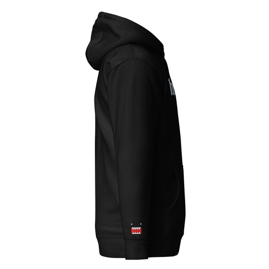 Side profile view of a black hoodie showing the signature small red and white 'Guardian' icon embroidered on the left sleeve.