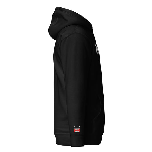 Side profile view of a black hoodie showing the signature small red and white 'Guardian' icon embroidered on the left sleeve.