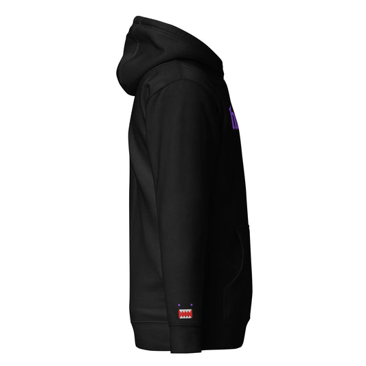 Side profile view of a black hoodie showing the signature small red and white 'Guardian' icon embroidered on the left sleeve.