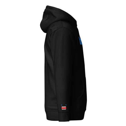 Side profile view of a black hoodie showing the signature small red and white 'Guardian' icon embroidered on the left sleeve.