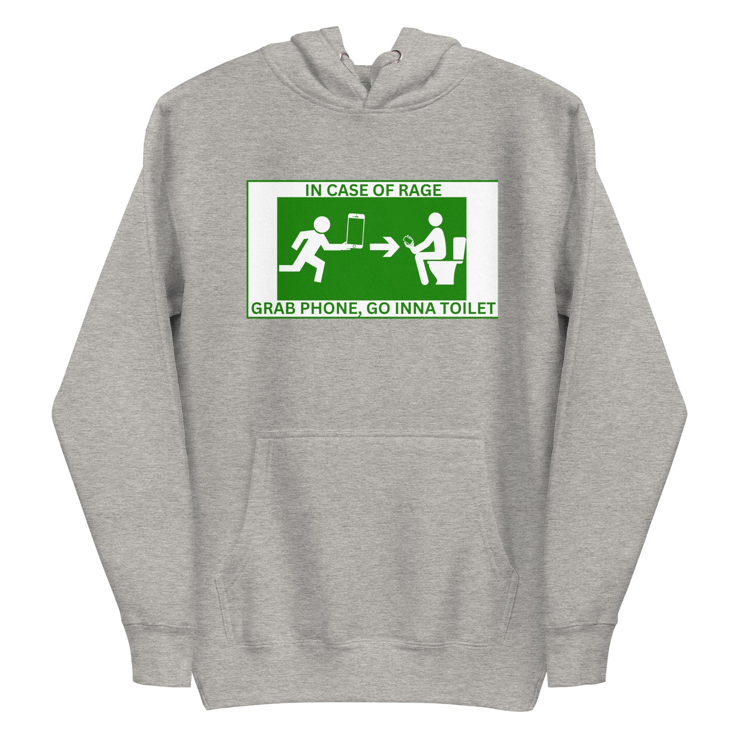 A carbon grey men's graphic hoodie featuring a humorous highway-style sign of a stick figure looking at a phone and running to a bathroom.