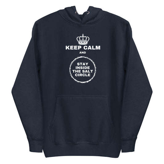 A navy blazer women's hoodie featuring a crown and a chalk circle graphic with the text 'Keep Calm and Stay Inside The Salt Circle'.
