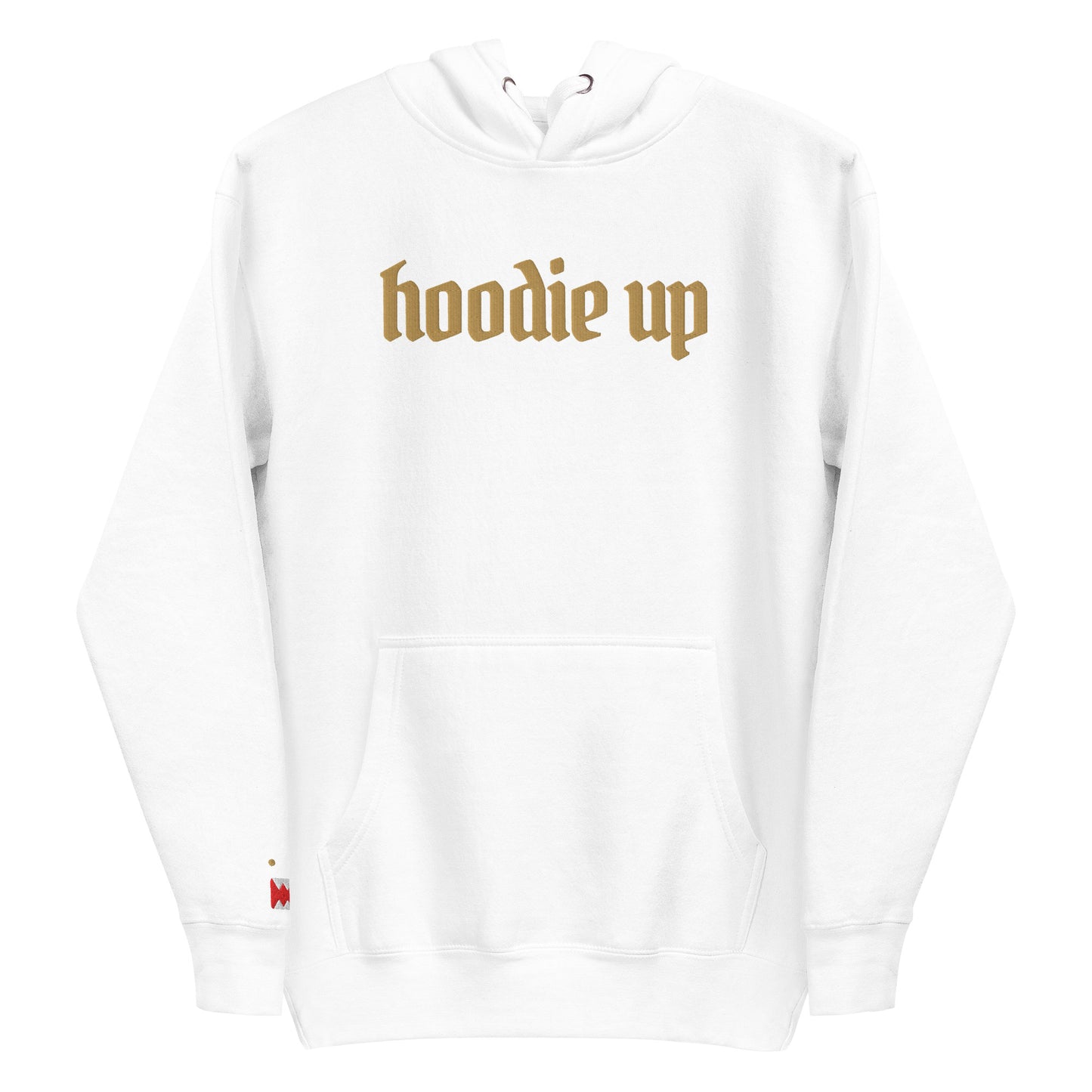A white men's hoodie featuring the slogan 'Hoodie Up' embroidered in bright gold thread on the chest, with a small matching 'Guardian' icon embroidered on the left sleeve cuff.